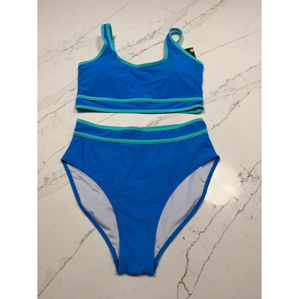BMJL Women Blue Teal Colorblock High Waisted Bikini Set Sporty Two Piece NWT - Picture 1 of 10